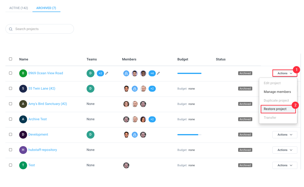 archived project actions restore Hubstaff