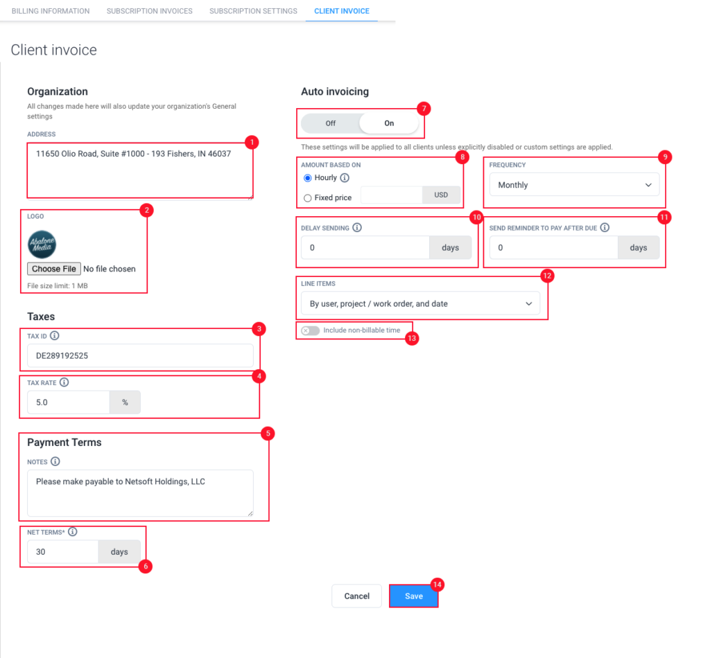settings invoices menu1