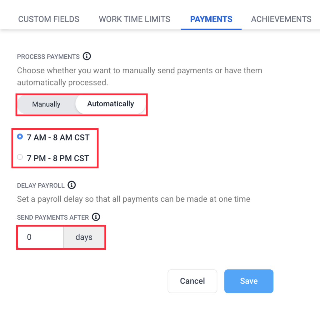 settings payments