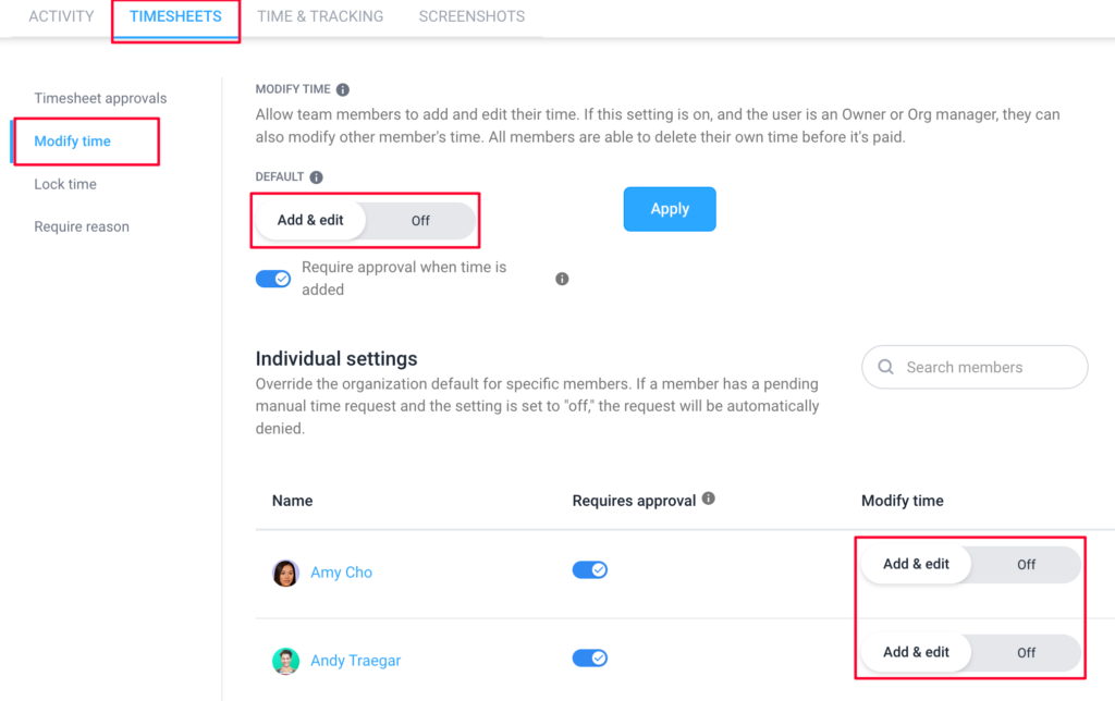 timesheets modify time global individual