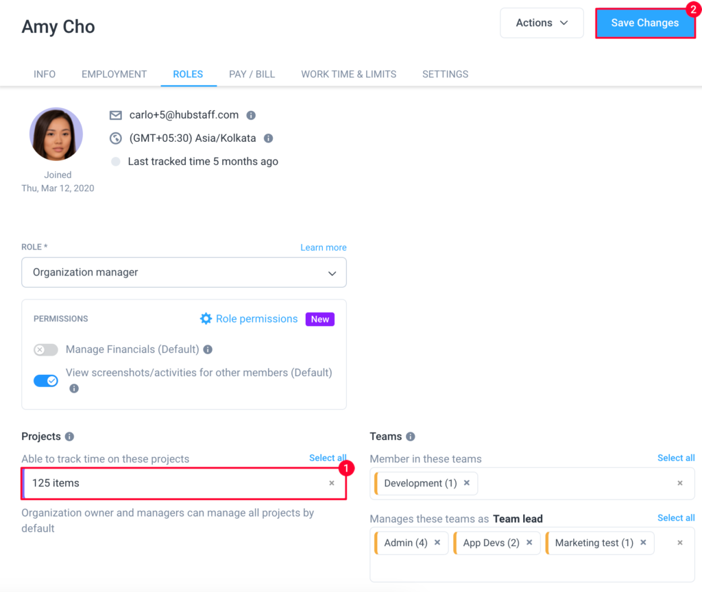 members roles projects save changes