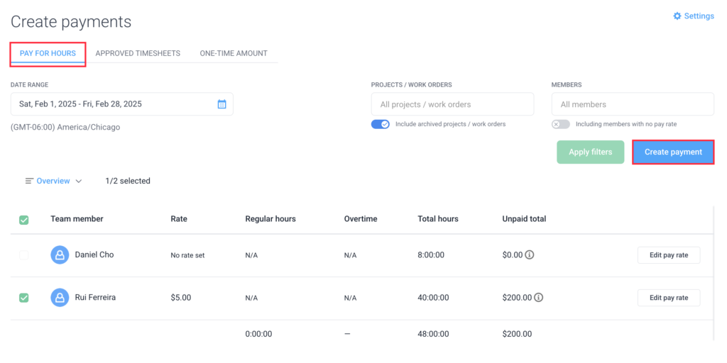 pay for hours create payment