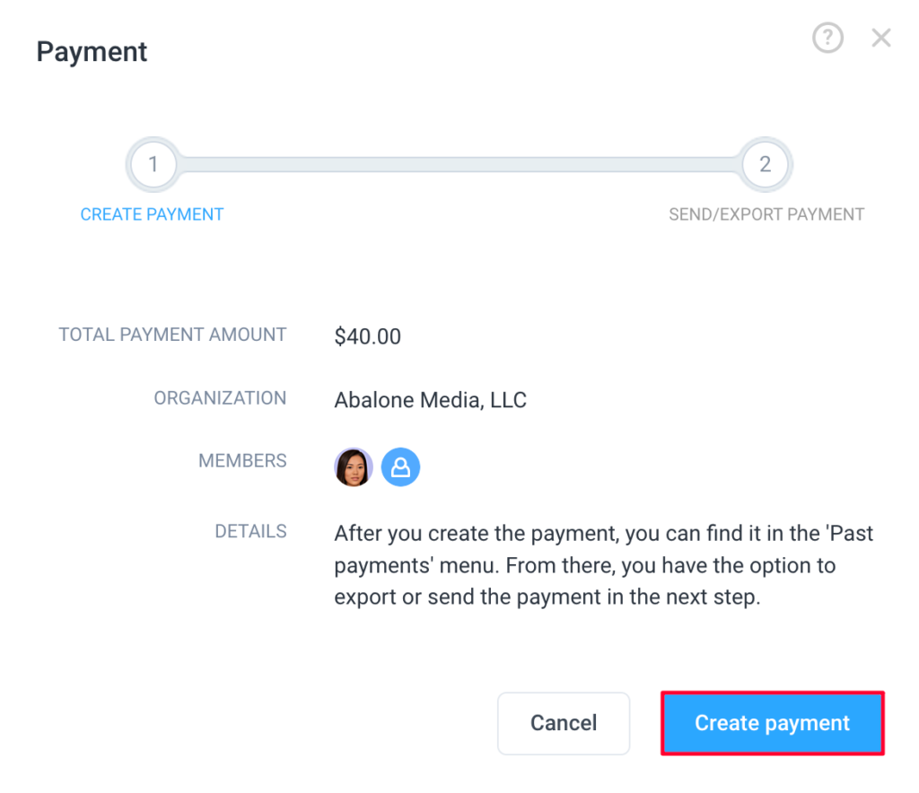 create payment dialog