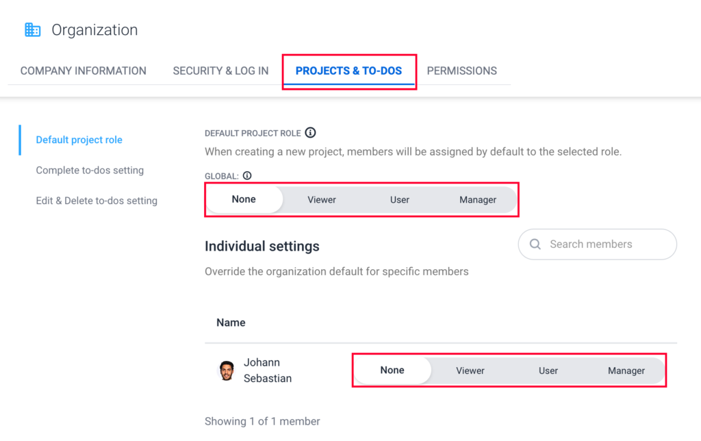 settings organization projects to dos