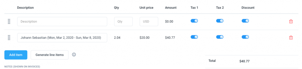 invoice line items