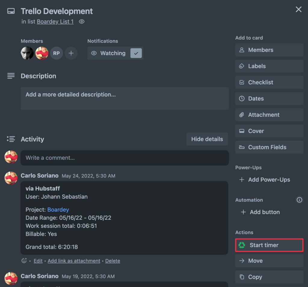 trello start timer