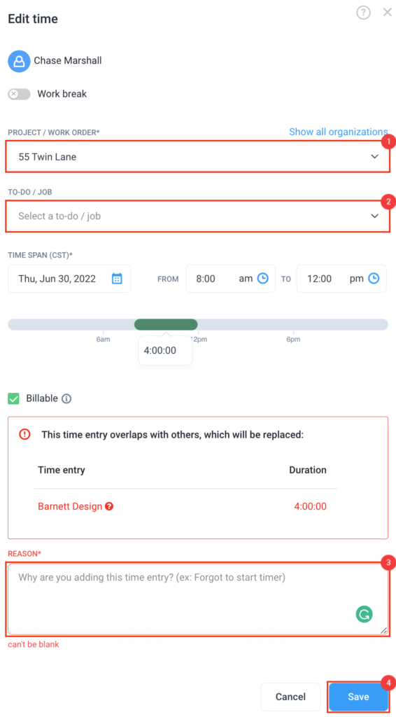Timesheets view and edit edit time