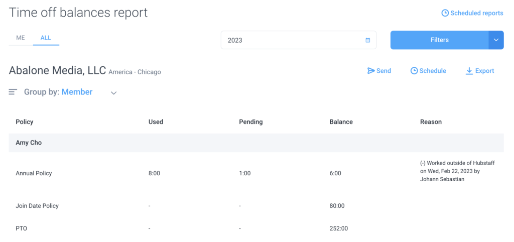 time off balances report sample