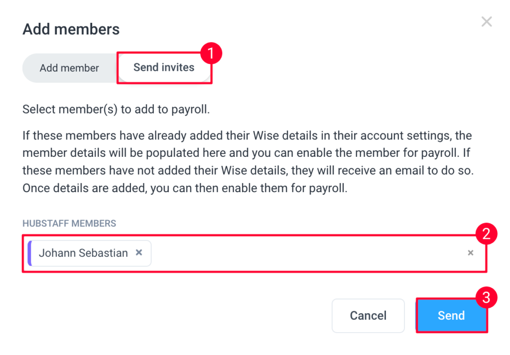 add members send invites payroll Wise