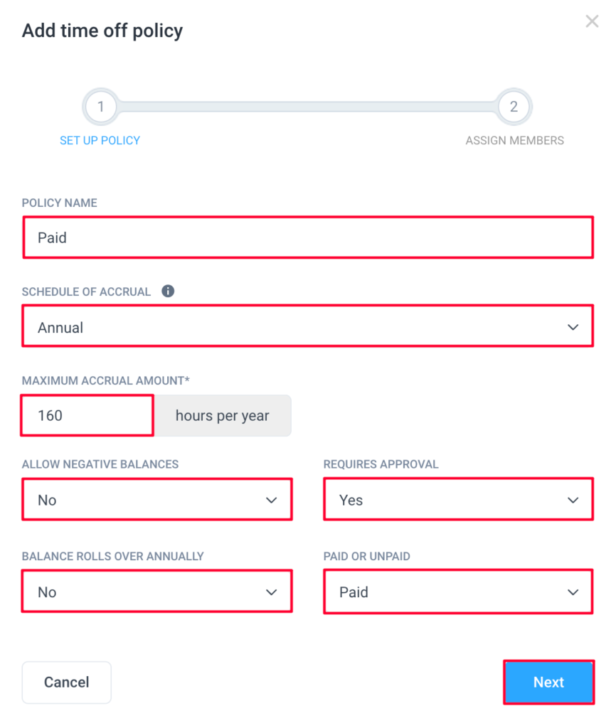 add time off policy dialog