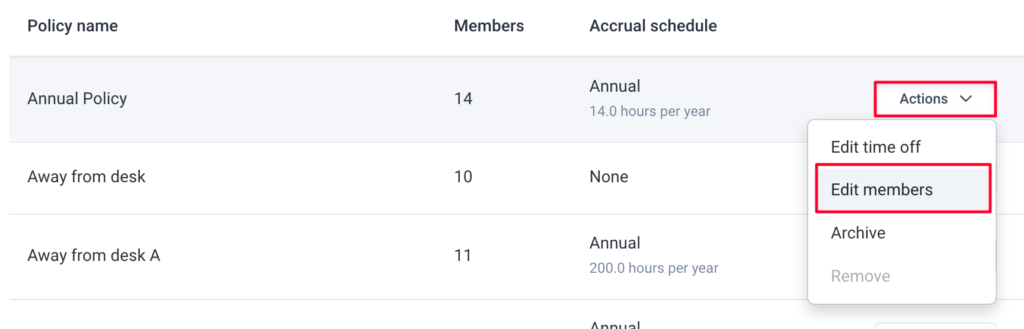 time off actions edit members
