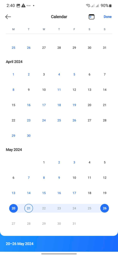 mobile app calendar menu