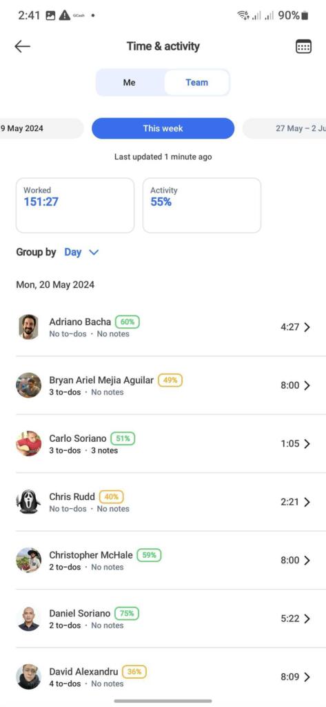 reports time and activity team mobile app