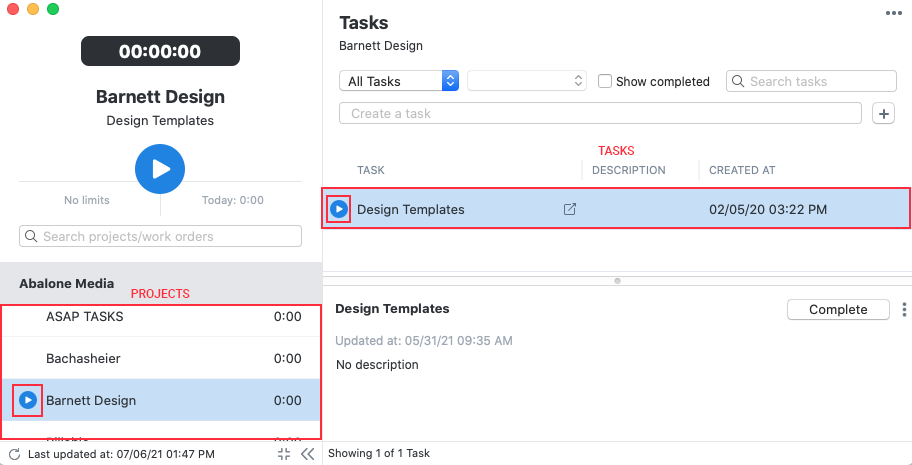 desktop client play button project task time tracking app