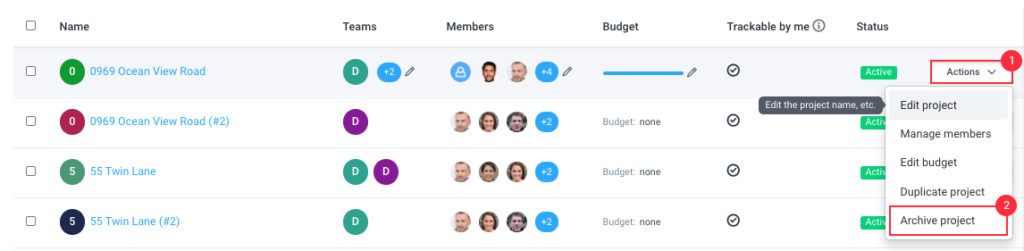 Archiving and Restoring Projects with Hubstaff - Dashboard projects actions archive