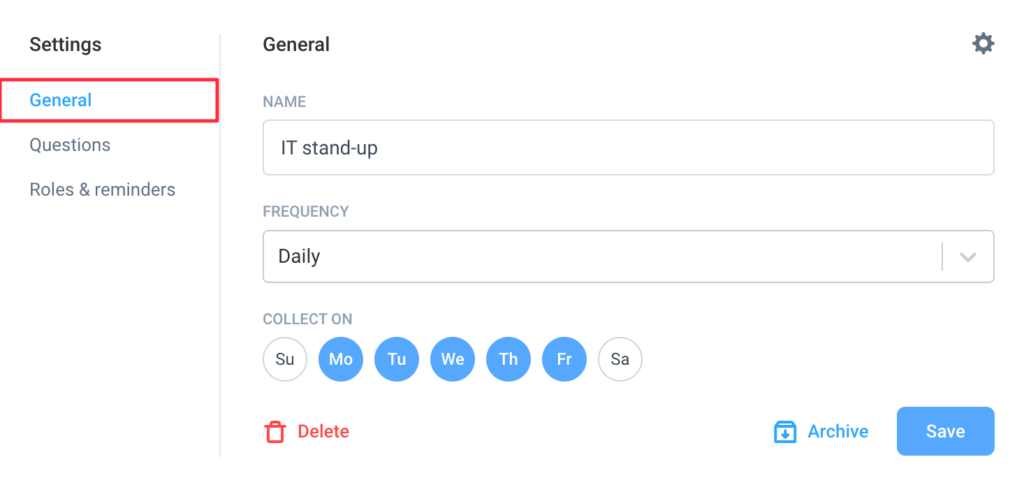 stand ups settings general