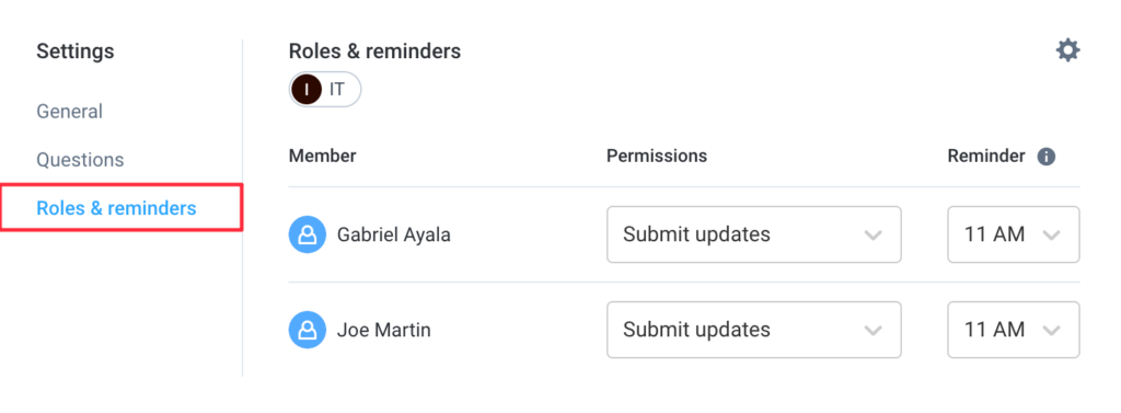 stand ups settings roles and reminders