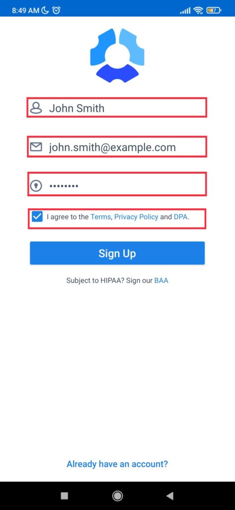 sign up screen 