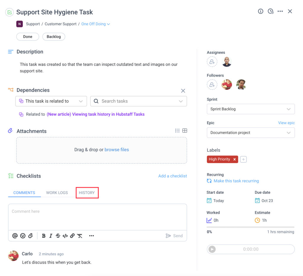 hubstaff tasks history button