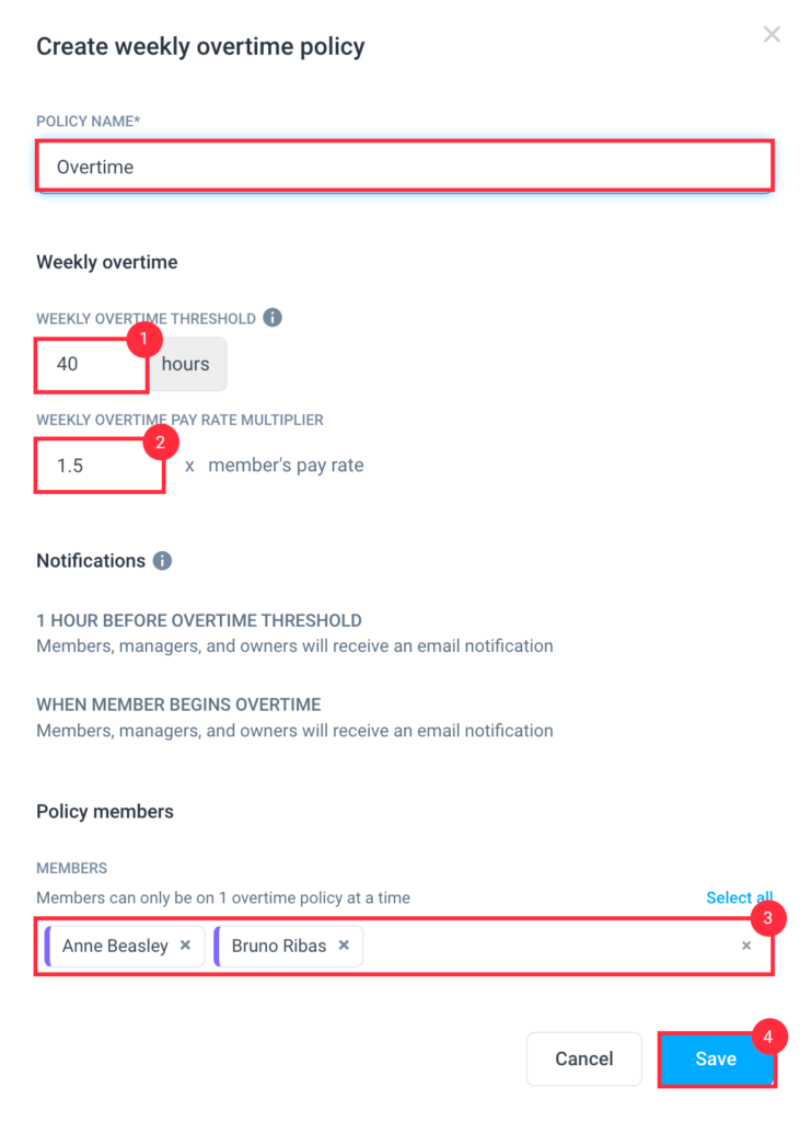 create weekly overtime policy dialog