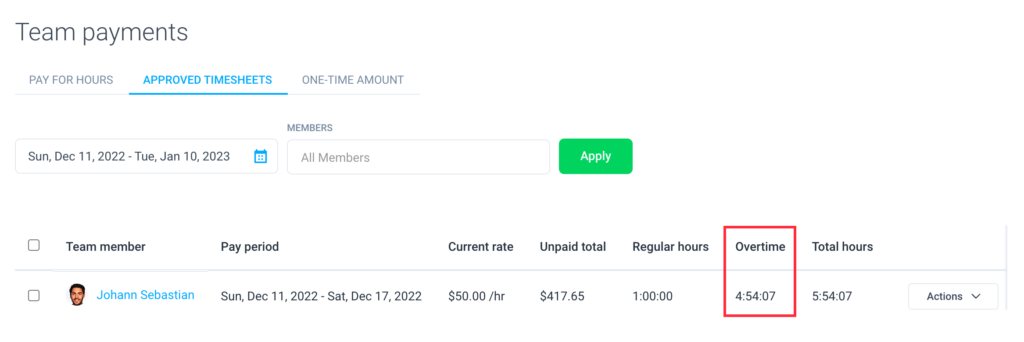 team payments overtime