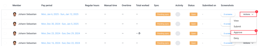 timesheet approvals actions approve