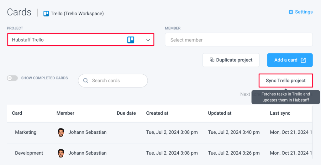 sync trello project tasks