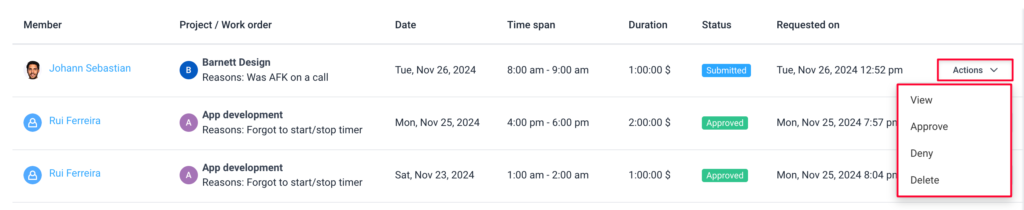 manual time approvals actions