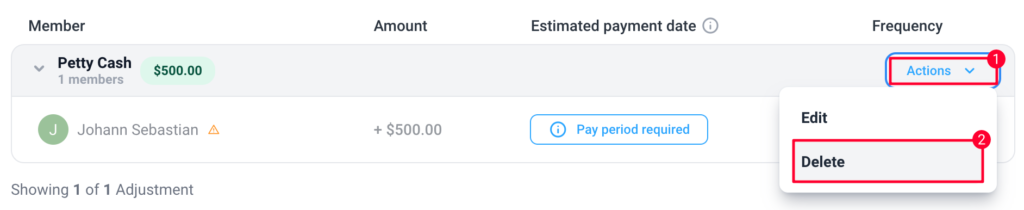 payroll adjustments actions delete